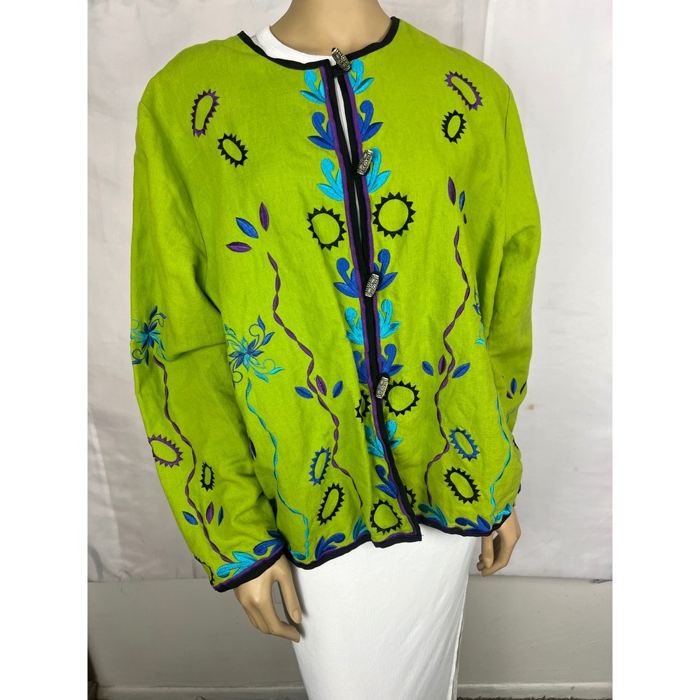 Crossing Pointe Vintage Lime Green Embroidered Linen Cotton Jacket 2XL 21407LIME